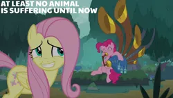 Size: 1280x720 | Tagged: safe, derpibooru import, edit, edited screencap, editor:quoterific, screencap, fluttershy, pinkie pie, earth pony, pegasus, pony, season 8, yakity-sax, spoiler:s08, ^^, cute, diapinkes, duo, eyes closed, female, grin, image, jpeg, mare, pinkie being pinkie, smiling, text