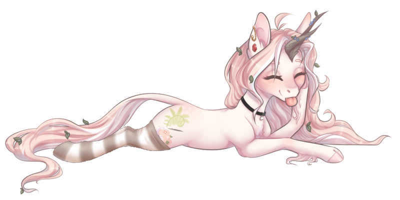 Size: 2016x1011 | Tagged: safe, artist:doekitty, derpibooru import, oc, oc:hazel, deer, deer pony, original species, clothes, eyes closed, female, image, lying down, png, prone, simple background, socks, solo, striped socks, tongue out, transparent background