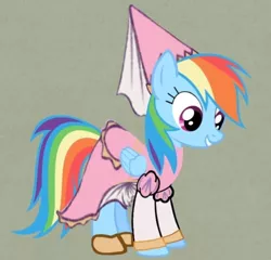 Size: 720x691 | Tagged: safe, artist:darlycatmake, derpibooru import, rainbow dash, pegasus, pony, adorasexy, adorkable, clothes, cute, dashabetes, dork, dress, dressup, happy, hennin, image, jpeg, looking down, pretty, princess, princess costume, princess hat, princess rainbow dash, rainbow dash always dresses in style, sexy, shoes, smiling, wide eyes