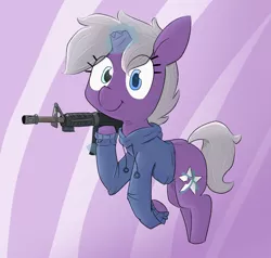 Size: 1050x1000 | Tagged: safe, artist:cherro, derpibooru import, oc, oc:disastral, unofficial characters only, pony, unicorn, assault rifle, broken horn, clothes, gun, hoodie, horn, image, m16, png, rifle, solo, weapon