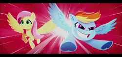 Size: 1280x600 | Tagged: safe, derpibooru import, screencap, fluttershy, rainbow dash, pegasus, pony, my little pony: a new generation, duo, duo female, female, flying, g5, grin, image, mare, png, smiling, spread wings, wings