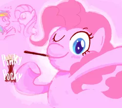 Size: 600x530 | Tagged: safe, artist:sukaponta, derpibooru import, fluttershy, pinkie pie, rainbow dash, earth pony, pegasus, pony, emanata, eyes closed, female, food, image, implied flutterdash, implied lesbian, implied shipping, jpeg, looking at someone, looking at you, mare, mouth hold, one eye closed, pink background, pocky, pocky game, simple background, sweat, trio, trio female, wink, winking at you