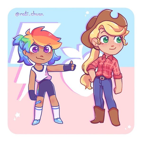 Size: 1000x1000 | Tagged: safe, artist:nati_chua, derpibooru import, applejack, rainbow dash, human, bandaid, belt, boots, clothes, cutie mark, dark skin, duo, duo female, eyes open, female, freckles, g4, gloves, hat, humanized, image, jpeg, pants, shoes, simple background, socks, thumbs up