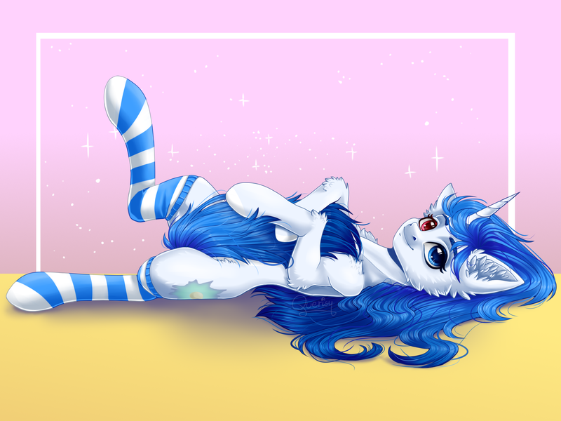 Size: 2000x1500 | Tagged: safe, artist:querisyart, derpibooru import, oc, oc:whirligig firefly, pony, unicorn, clothes, cute, ear fluff, female, fluffy, heterochromia, image, lying, lying down, mare, on back, png, simple background, smiling, socks, striped socks, tail