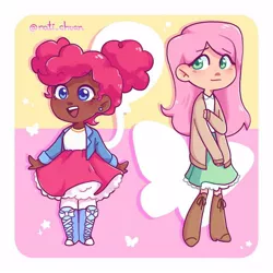 Size: 1000x1000 | Tagged: safe, artist:nati_chuan, derpibooru import, fluttershy, pinkie pie, human, blackwashing, blouse, boots, bow, cardigan, clothes, coat, cute, cutie mark, dark skin, duo, duo female, ear piercing, earring, female, g4, happy, humanized, image, jewelry, jpeg, open mouth, piercing, shirt, shoes, shy, simple background, skirt, smiling, socks, stockings, thigh highs