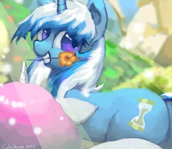 Size: 2300x2000 | Tagged: safe, artist:colochenni, derpibooru import, minuette, pony, unicorn, cute, drawthread, female, flower, image, mare, mouth hold, png, requested art, solo