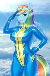 Size: 1795x2734 | Tagged: suggestive, alternate version, artist:buffbumblebee, rainbow dash, anthro, pegasus, clothes, female, goggles, image, latex, latex suit, looking at you, png, seams, solo, uniform, wonderbolts uniform, zipper