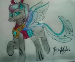 Size: 1920x1572 | Tagged: safe, artist:monse2001, derpibooru import, oc, oc:emerald, unofficial characters only, changeling, changeling oc, deviantart watermark, image, jpeg, obtrusive watermark, parent:comet tail, parent:twilight sparkle, peytral, raised hoof, signature, traditional art, watermark