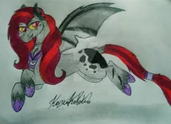 Size: 1920x1392 | Tagged: safe, artist:monse2001, derpibooru import, oc, unofficial characters only, bat pony, pony, bat pony oc, bat wings, deviantart watermark, hoof shoes, image, jpeg, obtrusive watermark, signature, solo, traditional art, watermark, wings