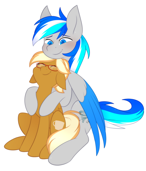 Size: 824x969 | Tagged: safe, artist:scarlet-spectrum, derpibooru import, oc, oc:coffee creme, oc:hawker hurricane, earth pony, pegasus, pony, colored wings, cute, cutie mark, duo, female, glasses, happy, hooves, hug, hug from behind, image, male, mare, not mareota, pegasus oc, png, smiling, stallion, tail, wings