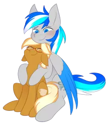 Size: 824x969 | Tagged: safe, artist:scarlet-spectrum, derpibooru import, oc, oc:coffee creme, oc:hawker hurricane, earth pony, pegasus, pony, colored wings, cute, cutie mark, duo, female, glasses, happy, hooves, hug, hug from behind, image, male, mare, not mareota, pegasus oc, png, smiling, stallion, tail, wings