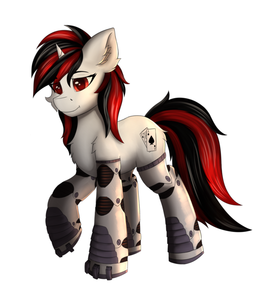 Size: 4447x4809 | Tagged: safe, alternate version, artist:flapstune, derpibooru import, oc, oc:blackjack, unofficial characters only, cyborg, cyborg pony, pony, unicorn, fallout equestria, fallout equestria: project horizons, augmented, chest fluff, cutie mark, cyber eyes, cyber legs, ear fluff, fanfic art, female, fluffy, horn, image, looking at you, mare, png, prosthetics, simple background, solo, solo female, transparent background