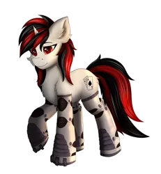 Size: 4447x4809 | Tagged: safe, alternate version, artist:flapstune, derpibooru import, oc, oc:blackjack, unofficial characters only, cyborg, cyborg pony, pony, unicorn, fallout equestria, fallout equestria: project horizons, augmented, chest fluff, cutie mark, cyber eyes, cyber legs, ear fluff, fanfic art, female, fluffy, horn, image, looking at you, mare, png, prosthetics, simple background, solo, solo female, transparent background