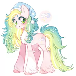 Size: 1024x1026 | Tagged: safe, artist:miioko, derpibooru import, oc, unofficial characters only, earth pony, pony, blushing, braid, deviantart watermark, earth pony oc, female, image, jpeg, mare, obtrusive watermark, simple background, sleeping cap, smiling, solo, unshorn fetlocks, watermark, white background