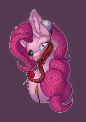 Size: 1024x1449 | Tagged: semi-grimdark, artist:maneblue, derpibooru import, pinkie pie, earth pony, pony, blood, bust, candy, chest fluff, ear fluff, food, heterochromia, image, jpeg, purple background, simple background, smiling, tongue out