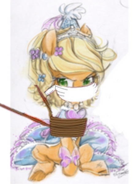 Size: 1010x1327 | Tagged: safe, artist:ashertristaxx12, derpibooru import, applejack, earth pony, pony, angry, applejack is not amused, bow, cloth gag, clothes, cute, dress, dressup, ear piercing, flower, flower in hair, gag, glare, hennin, image, jackabetes, jpeg, needs more jpeg, piercing, princess, princess hat, tied up, unamused