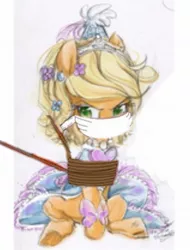 Size: 1010x1327 | Tagged: safe, artist:ashertristaxx12, derpibooru import, applejack, earth pony, pony, angry, applejack is not amused, bow, cloth gag, clothes, cute, dress, dressup, ear piercing, flower, flower in hair, gag, glare, hennin, image, jackabetes, jpeg, needs more jpeg, piercing, princess, princess hat, tied up, unamused