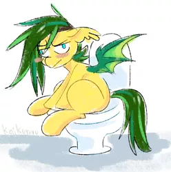 Size: 1737x1752 | Tagged: safe, artist:kaikururu, derpibooru import, oc, unofficial characters only, bat pony, pony, bat pony oc, bat wings, blushing, female, image, mare, png, simple background, solo, toilet, unamused, white background, wings