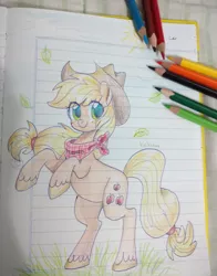 Size: 4008x5123 | Tagged: safe, artist:kaikururu, derpibooru import, applejack, earth pony, pony, eyelashes, hat, image, lined paper, neckerchief, png, rearing, smiling, solo, traditional art, unshorn fetlocks