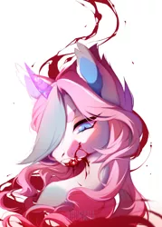 Size: 918x1280 | Tagged: oc name needed, safe, artist:agurana, derpibooru import, oc, unofficial characters only, pony, blood, blue eyes, bust, commission, digital art, ear tufts, eyelashes, eyeshadow, female, horn, image, jpeg, magic, makeup, mare, multicolored hair, multicolored mane, portrait