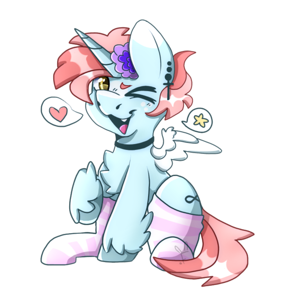 Size: 728x768 | Tagged: safe, artist:pinkalotl, derpibooru import, oc, oc:candy, alicorn, pony, clothes, fangs, femboy, flower, fluffy, freckles, horn, image, male, piercing, png, sitting, small wings, socks, soft, solo, stockings, thigh highs, wings