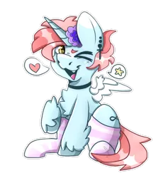 Size: 728x768 | Tagged: safe, artist:pinkalotl, derpibooru import, oc, oc:candy, alicorn, pony, clothes, fangs, femboy, flower, fluffy, freckles, horn, image, male, piercing, png, sitting, small wings, socks, soft, solo, stockings, thigh highs, wings