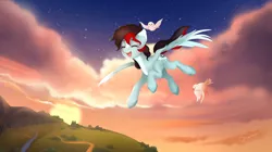 Size: 8910x4980 | Tagged: safe, artist:ottava, derpibooru import, oc, unofficial characters only, bird, pegasus, pony, absurd resolution, cloud, eyes closed, female, flying, image, jpeg, mare, open mouth, open smile, scenery, smiling, sun