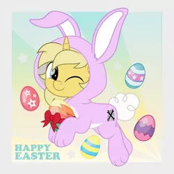 Size: 5000x5000 | Tagged: safe, artist:jhayarr23, derpibooru import, part of a set, oc, oc:sunlight bolt, unofficial characters only, unicorn, bunny suit, clothes, easter, easter egg, holiday, image, png