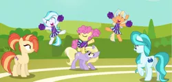 Size: 898x432 | Tagged: safe, artist:loladreamteam, derpibooru import, dinky hooves, li'l cheese, lighthoof, shimmy shake, oc, oc:dusty flare, oc:neon blaze, pegasus, pony, the last problem, cheerleader, cheerleader outfit, clothes, image, older, png