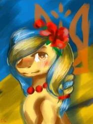 Size: 716x956 | Tagged: safe, artist:vacaquaq, derpibooru import, oc, oc:ukraine, ponified, pony, bruised, bust, crying, current events, flag, flower, flower in hair, image, jpeg, nation ponies, portrait, sad, solo, teary eyes, trident, ukraine