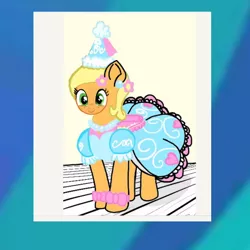 Size: 640x640 | Tagged: safe, artist:darlycatmake, derpibooru import, applejack, bow, clothes, cute, dress, dressup, ear piercing, flower, flower in hair, froufrou glittery lacy outfit, hennin, image, jackabetes, jpeg, piercing, princess applejack, princess hat