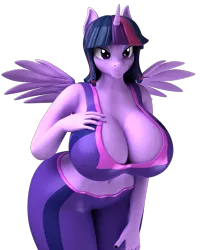 Size: 2000x2500 | Tagged: safe, artist:argos90, derpibooru import, twilight sparkle, twilight sparkle (alicorn), alicorn, 3d, big breasts, breasts, busty twilight sparkle, butt, clothes, hands on breasts, image, png, shorts, simple background, solo, sports bra, sports shorts, transparent background, twibutt