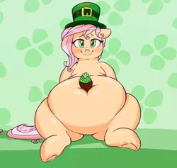 Size: 1800x1708 | Tagged: suggestive, artist:sirmasterdufel, derpibooru import, oc, oc:claire, unofficial characters only, earth pony, pony, belly, big belly, blushing, clover, cupcake, fat, food, four leaf clover, holiday, image, png, saint patrick's day, solo