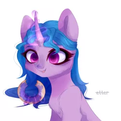 Size: 1024x1024 | Tagged: safe, artist:etter, derpibooru import, izzy moonbow, pony, unicorn, my little pony: a new generation, bust, chest fluff, donut, food, g5, horn, image, magic, png, portrait, simple background, solo, white background