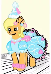 Size: 711x1024 | Tagged: safe, artist:darlycatmake, derpibooru import, edit, edited screencap, screencap, applejack, earth pony, pony, applejack also dresses in style, bow, clothes, colored, cute, dress, dressup, ear piercing, flower, flower in hair, froufrou glittery lacy outfit, hennin, image, jackabetes, jpeg, piercing, princess, princess applejack, princess hat