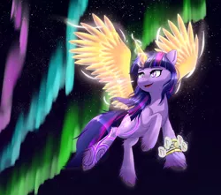 Size: 3400x3000 | Tagged: safe, artist:nihithebrony, derpibooru import, twilight sparkle, twilight sparkle (alicorn), alicorn, earth pony, pony, aurora borealis, bracer, celtic, colored wings, complex background, earth pony twilight, female, flying, g4 to g5, g5, g5 concept leaks, glow, glowing horn, glowing wings, happy, horn, image, magic, mare, norse mythology, outdoors, png, race swap, runes, smiling, solo, stars, viking, wings