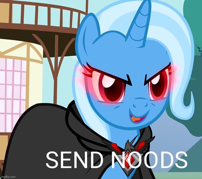 Size: 811x720 | Tagged: safe, derpibooru import, edit, edited screencap, screencap, trixie, unicorn, alicorn amulet, caption, clothes, corrupted, food, glow, glowing eyes, hungry, image, image macro, implied noodles, jpeg, meme, noodles, red eyes, robe, text, trixie yells at everything