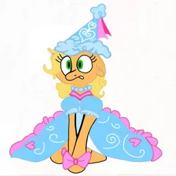 Size: 675x675 | Tagged: safe, artist:darlycatmake, derpibooru import, applejack, earth pony, pony, bow, clothes, colored, dress, dressup, froufrou glittery lacy outfit, hennin, image, jewelry, jpeg, necklace, princess, princess applejack, princess hat, upset, worried
