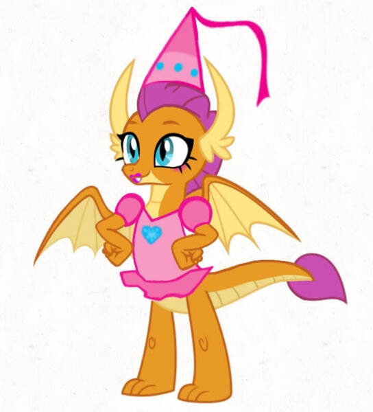 Size: 720x794 | Tagged: safe, artist:darlycatmake, derpibooru import, smolder, dragon, clothes, cute, dragon tail, dragon wings, dress, dressup, happy, image, jewelry, jpeg, princess smolder, proud, smiling, smolderbetes, tail, wings