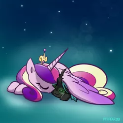 Size: 2048x2048 | Tagged: safe, artist:pfeffaroo, derpibooru import, part of a set, princess cadance, queen chrysalis, alicorn, changeling, nymph, pony, duo, female, filly, filly queen chrysalis, hug, image, jpeg, lying down, prone, sleeping, wing blanket, winghug, wings, younger