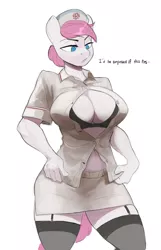 Size: 1754x2721 | Tagged: suggestive, artist:cadillacdynamite, derpibooru import, nurse redheart, anthro, earth pony, big breasts, black bra, bra, breasts, busty nurse redheart, clothes, garter belt, garters, hat, huge breasts, image, nurse hat, nurse outfit, png, simple background, skirt, socks, solo, stockings, stupid sexy nurse redheart, thigh highs, unbuttoned, underwear, white background