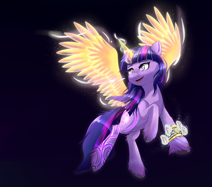 Size: 3400x3000 | Tagged: safe, artist:nihithebrony, derpibooru import, twilight sparkle, twilight sparkle (alicorn), alicorn, earth pony, merpony, pony, bracer, celtic, colored background, colored horn, colored wings, dark, dark background, earth pony twilight, female, flying, g4 to g5, g5, g5 concept leaks, glow, horn, horns, image, looking up, magic, mare, norse mythology, png, race swap, runes, simple background, smiling, solo, solo female, spread wings, viking, wings