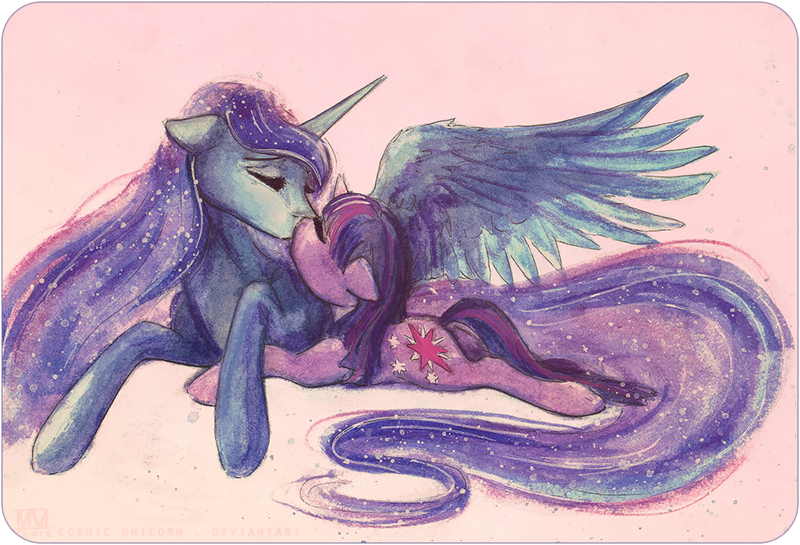 Size: 1000x681 | Tagged: safe, artist:cosmicunicorn, derpibooru import, princess luna, twilight sparkle, unicorn, female, image, lesbian, png, shipping, traditional art, twiluna, unicorn twilight