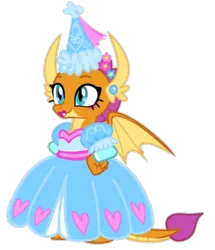 Size: 673x781 | Tagged: safe, artist:darlycatmake, derpibooru import, smolder, dragon, clothes, dragon tail, dragon wings, dress, dressup, ear piercing, flower, flower in hair, froufrou glittery lacy outfit, happy, image, lips, lipstick, looking at someone, looking at something, makeup, piercing, png, princess, princess smolder, proud, smiling, tail, wings