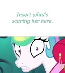 Size: 1280x1440 | Tagged: safe, artist:chanyhuman, derpibooru import, princess celestia, alicorn, pony, celestia is not amused, image, meme, meme template, png, reaction image, scared, unamused