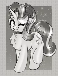 Size: 750x981 | Tagged: safe, artist:llametsul, derpibooru import, starlight glimmer, pony, unicorn, chest fluff, choker, cute, female, image, looking at you, mare, monochrome, one eye closed, png, signature, smiling, smiling at you, solo, standing, wink