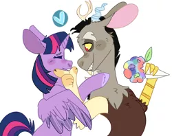 Size: 810x640 | Tagged: safe, artist:noodlezss, derpibooru import, discord, twilight sparkle, twilight sparkle (alicorn), alicorn, draconequus, antlers, discolight, duo, eyes closed, female, hand on cheek, heart, image, leaf, male, png, shipping, simple background, smiling, straight, white background, wings