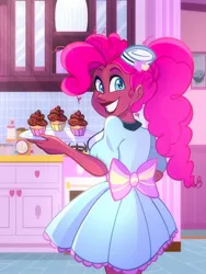 Size: 1542x2048 | Tagged: safe, artist:carouselunique, derpibooru import, pinkie pie, human, baking, bow, cabinet, clothes, cupcake, cute, dark skin, detailed background, diapinkes, digital art, dress, eyes open, female, food, frosting, g4, happy, hat, heart, humanized, image, jpeg, kitchen, lightning, plate, ponytail, raised eyebrow, smiling, solo, solo female, stove