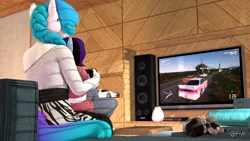 Size: 1920x1080 | Tagged: safe, artist:anthroponiessfm, derpibooru import, oc, oc:aurora starling, oc:maple cake, anthro, cat, 3d, anthro oc, braid, cute, female, forza horizon 5, image, playing, png, sitting on lap, source filmmaker, wholesome