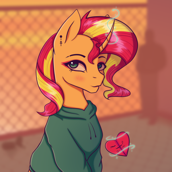 Size: 2000x2000 | Tagged: safe, artist:tanatos, derpibooru import, sunset shimmer, unicorn, clothes, hoodie, image, makeup, png, simple background, sunset